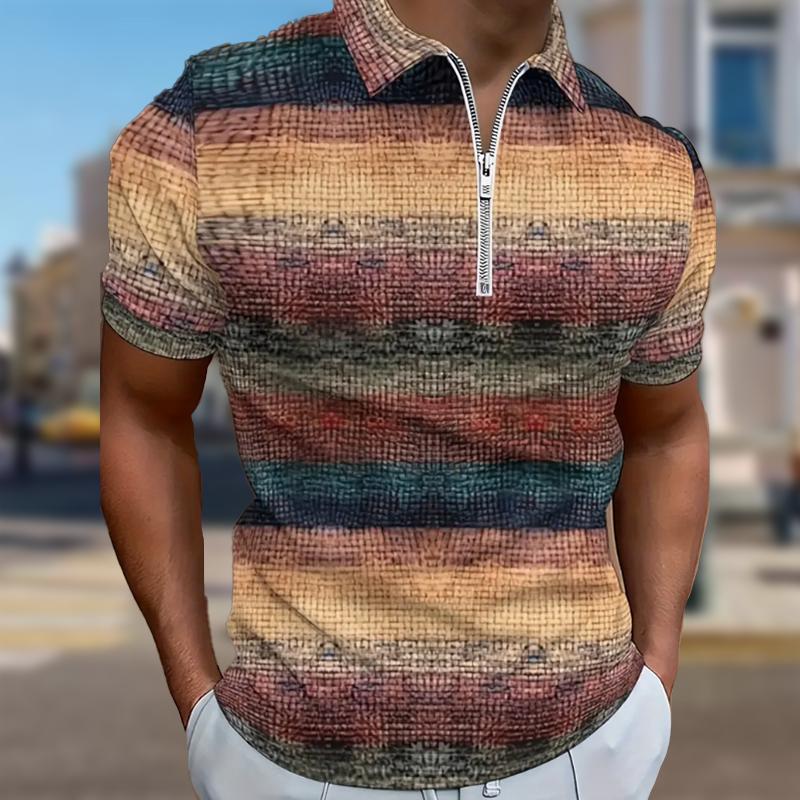 Men's Shirt Polo Casual Zip Short Sleeve Fashion Casual Zipper Summer Spring Regular Fit Linen Splicing 3D Print Shirt