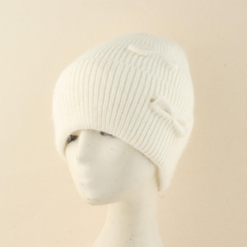 Womens Angora Wool Knit Beanie Hat With Bow Detail Winter Warm Cap High Crown Foldable