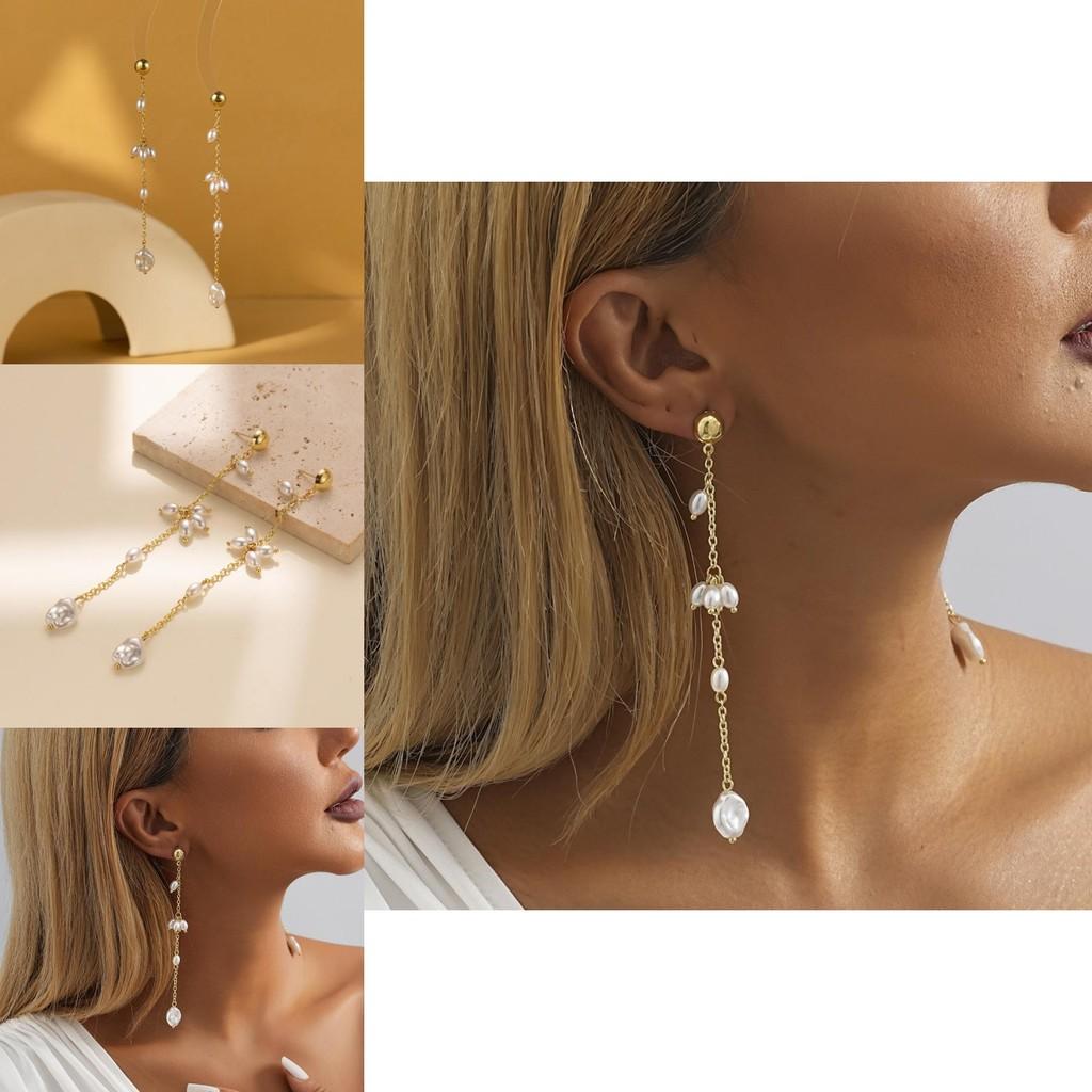 Stylish Chain Link Gold Plated Faux Pearl Earrings For Women Chic Street Style