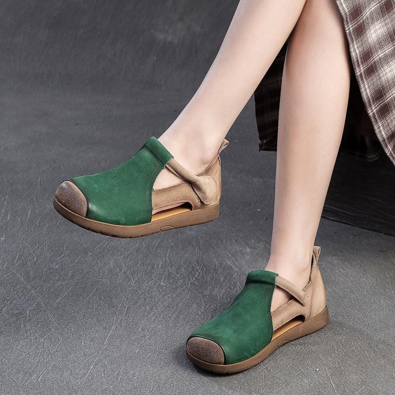 Johnature Genuine Leather Mixed Colors Sandals Round Toe Hollow Retro Style Women's Shoes