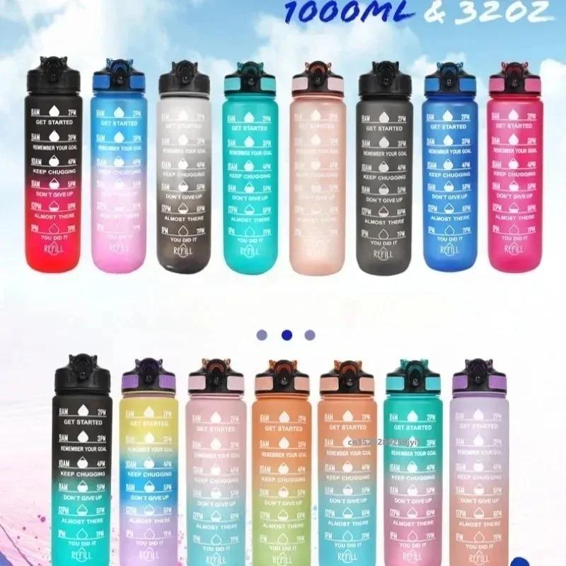 Large Capacity Water Bottle With Time Marker And Straw Gradient Color Leakproof Drinking Sports Bottle For Fitness Gym Outdoor