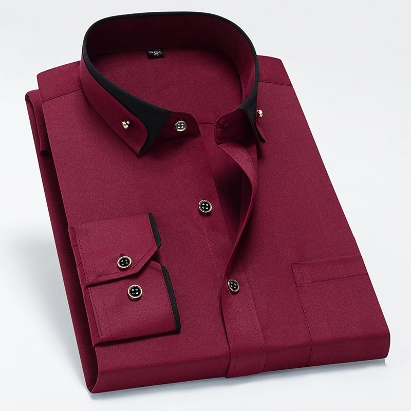 Men's Color-Block Collar Long Sleeve Dress Shirt with Crystal Buttons, Lapel Collar, Fashionable Business Casual Cardigan, Wrinkle-Free Stretch Shirt