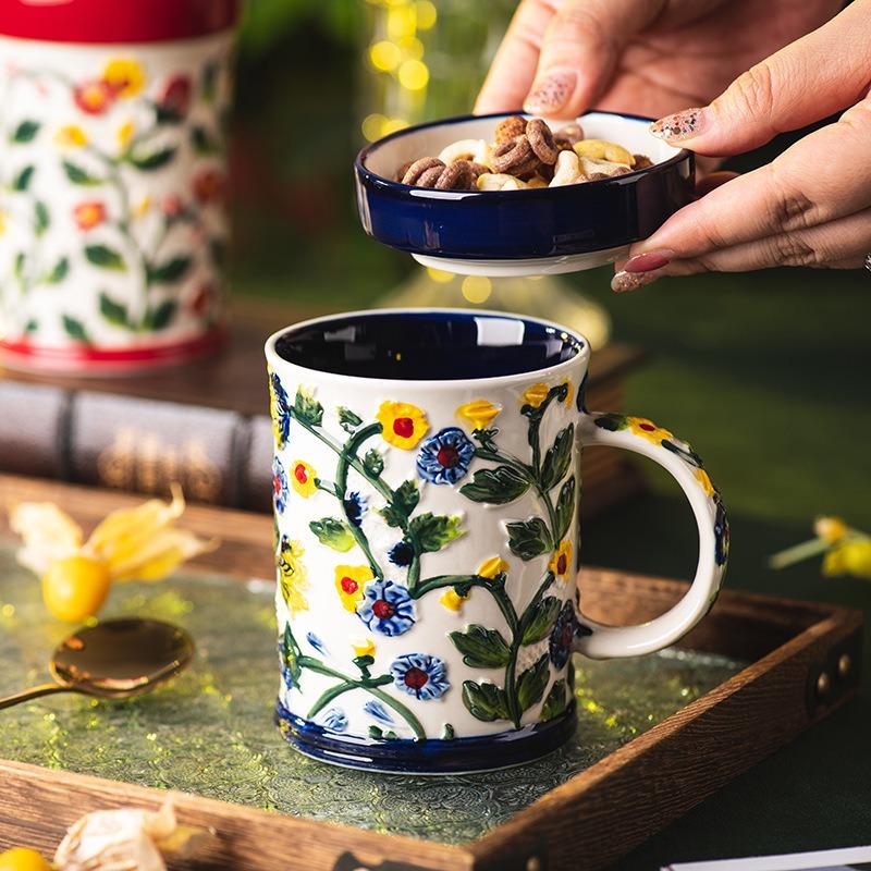 Bohemian Style Raised Floral Mug, Large Capacity Colorful Flower Tea Cup with Handle,3D Embossed Floral Ceramic Mug