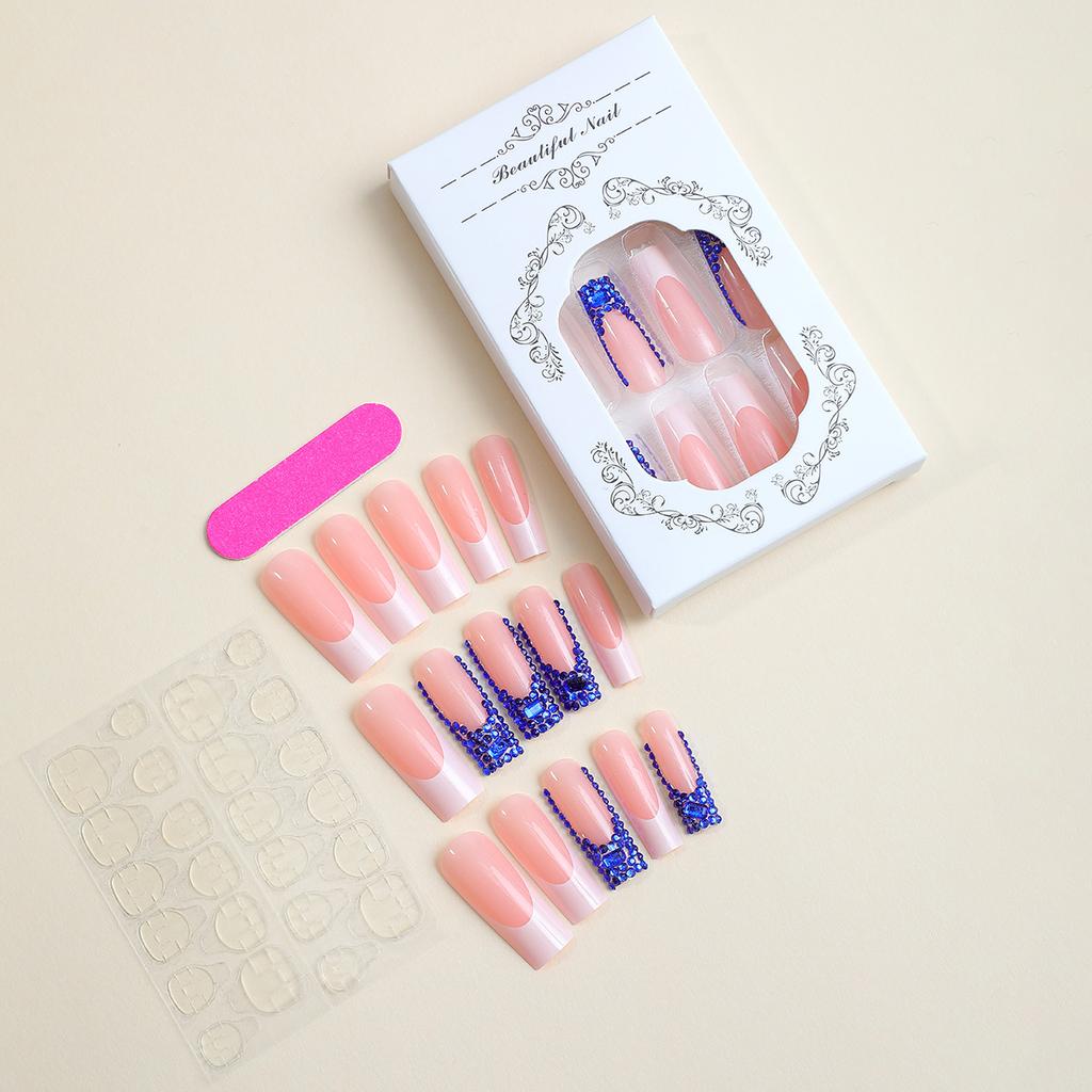Handmade New Style Blue Diamond Sparkling Long Tube False Nails