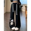 Women Cute Cartoon Cat Print Wide Leg Sweatpants Elastic High Waist Stripe Drawstring Loose Casual Trousers