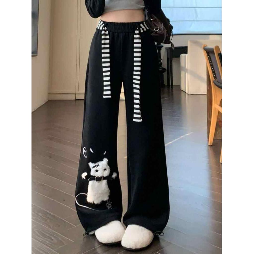 Women Cute Cartoon Cat Print Wide Leg Sweatpants Elastic High Waist Stripe Drawstring Loose Casual Trousers