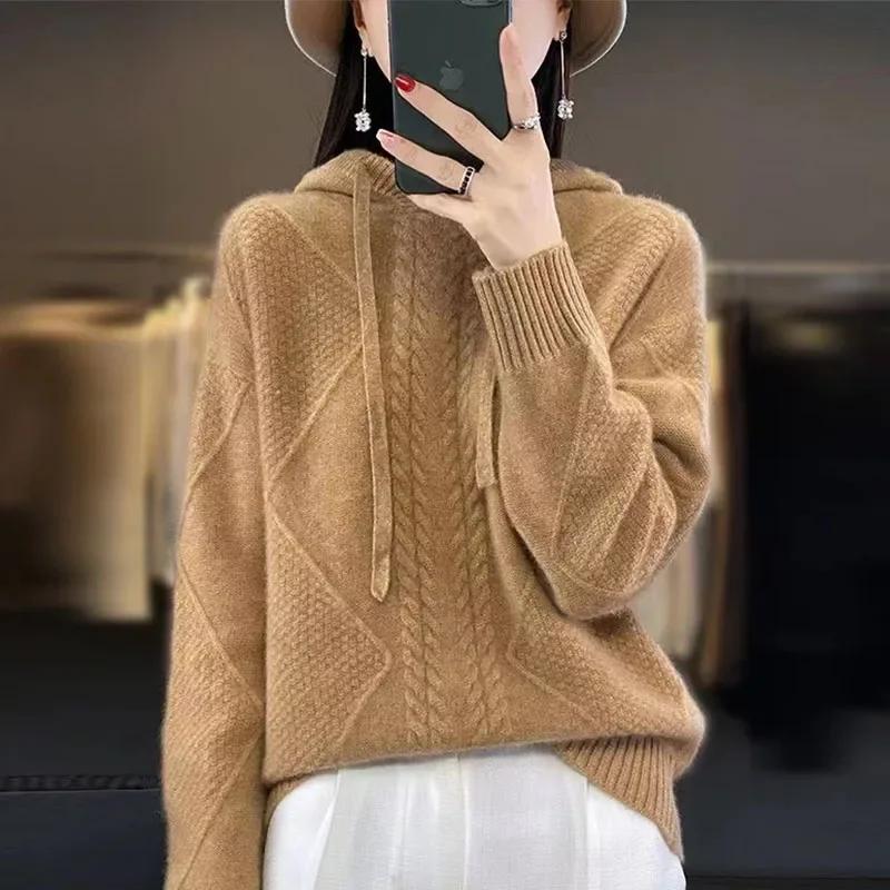 Женские пуловеры с капюшоном свободный повседневный свитер однотонный осенне-зимний кашемировый свитер женская теплая трикотажная толстовка с круглым вырезом One Size 2326₽
