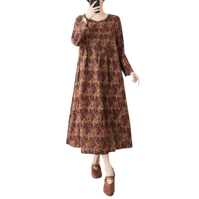 Spring and Summer New Vintage Cotton-Linen Round-neck Floral Pockets Long-Sleeved Dress for Women Loose Fit for Slimming - A-Line Skirt