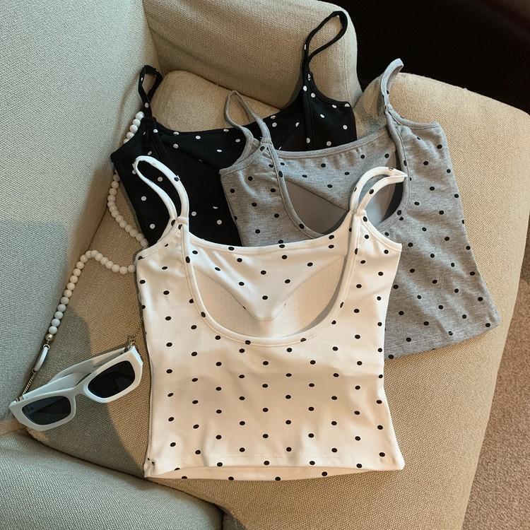 Canotta a spallina con pois alla moda e coppe al seno, canottiera da donna senza maniche con schiena scoperta