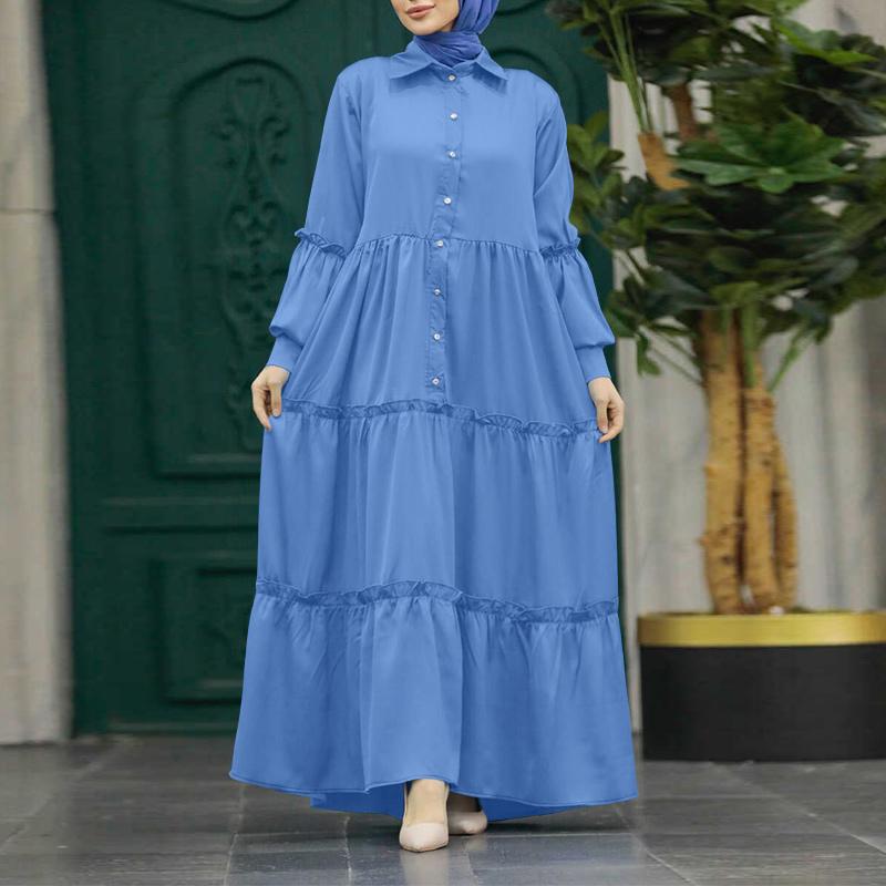 

ZANZEA Женское повседневное мусульманское платье свободного кроя с отложным воротником и длинным рукавом S синий