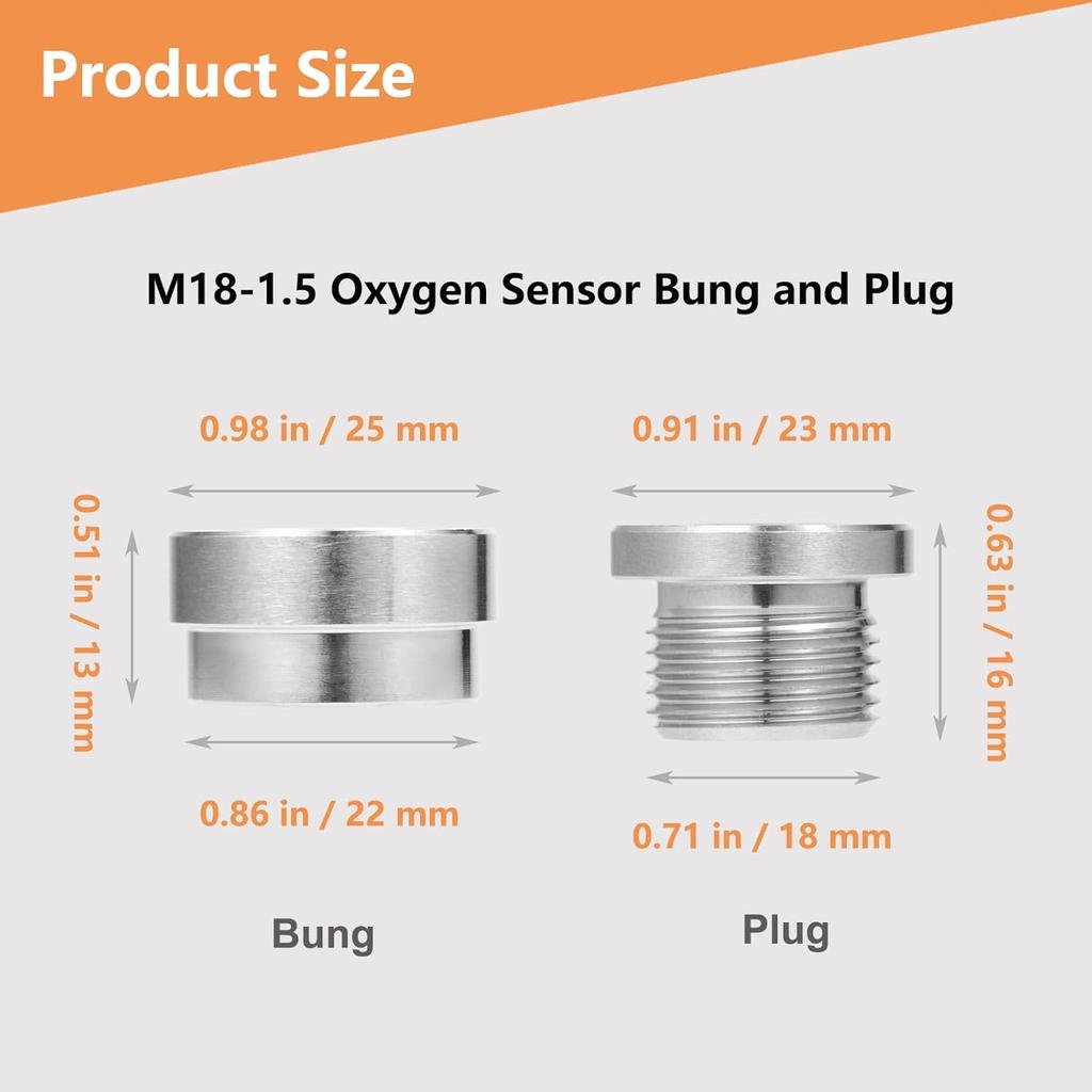 O2 Oxygen Sensor Bung And Plug 304 Stainless Steel M18-1.5,Oxygen Sensor Bung Stepped Style With Plug, Suppied By Hohnnyreet (2, Silver, M18 X 1.5)