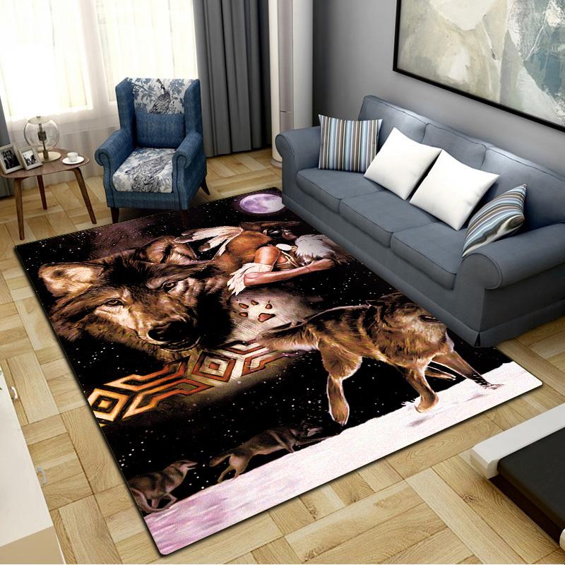 Native Indian Wolf Carpet Rug for Living Room Bedroom Home Sofa Decoration,Kids Play Non-slip Floor Mat