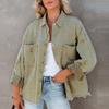 Veste en jean décontractée à manches longues pour femme Ourlet effiloché usé Fermeture boutonnée sur le devant Coupe ample Vêtement d'extérieur avec poches plaquées
