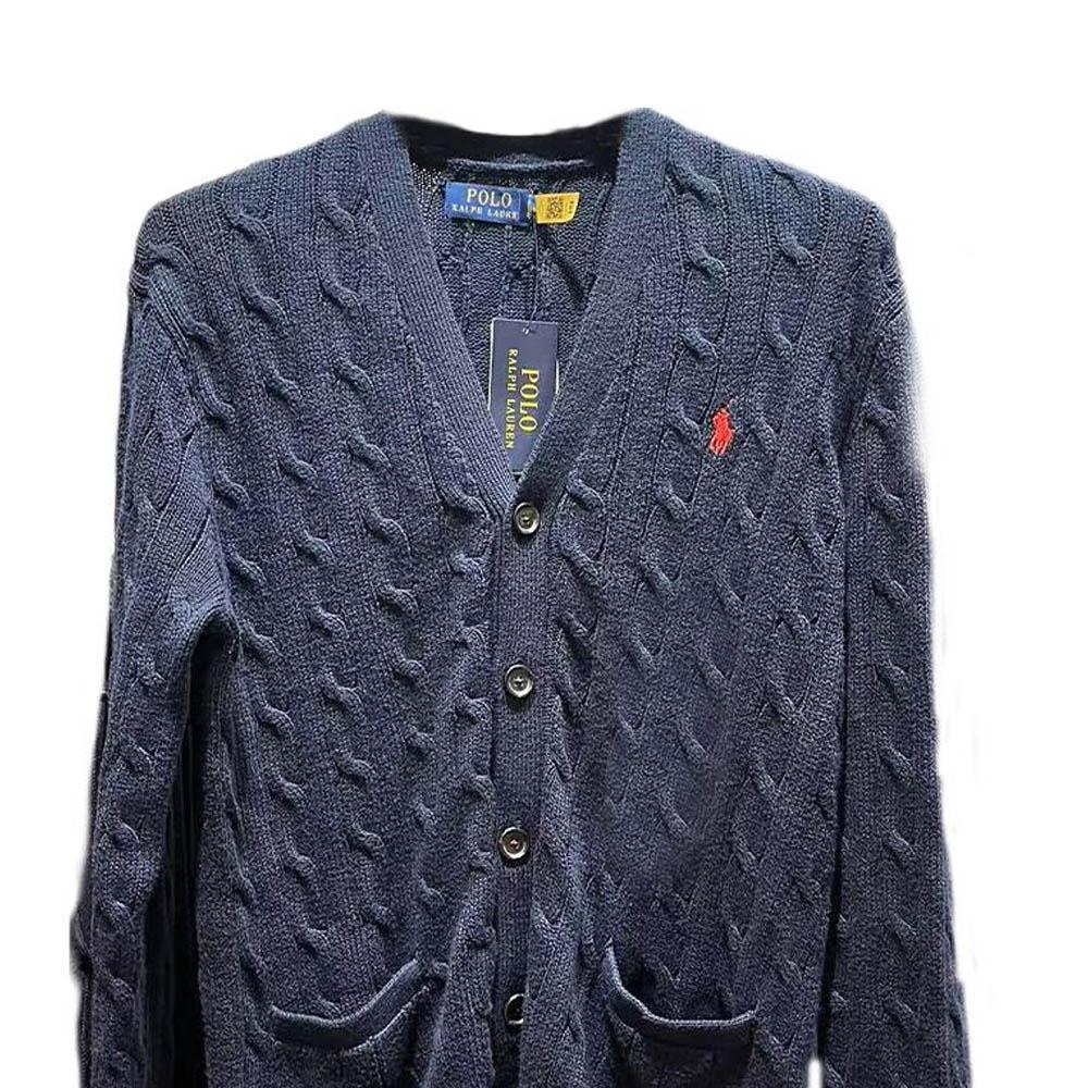 Polo Ralph Lauren Solid Color Small Pony Logo Embroidered Twisted V-Neck Long Sleeve Cardigan Sweater Men sweater Navy-Blue MNPOSWE16821756-400