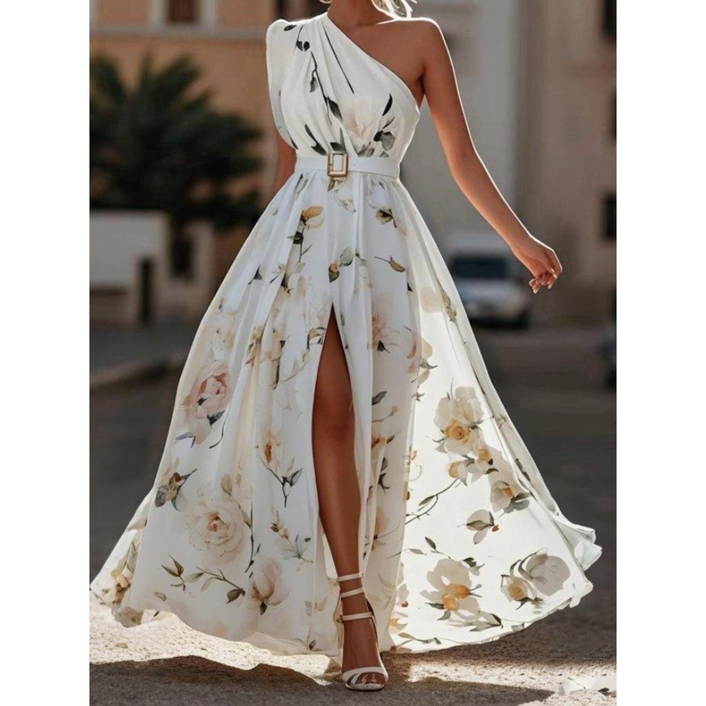 Women's One Shoulder Sleeveless Floral Print Maxi Dress Slim Fit High Waist Elegant Summer Party Dress With Belt