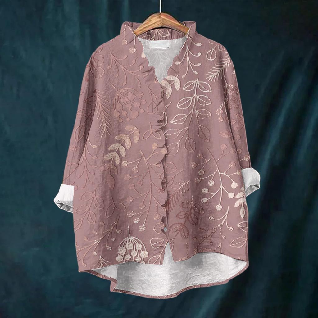 Women's Loose Ruffled Floral Print Stand Collar Long Sleeve Cotton And Linen Top