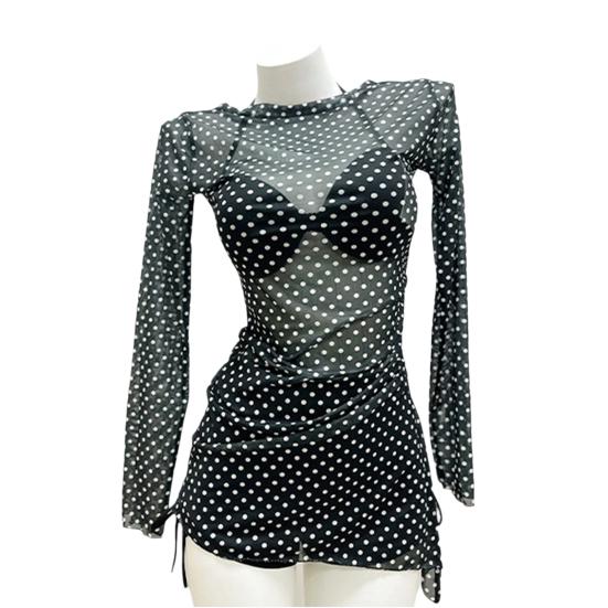 Set Costume da Bagno da Donna 3 Pezzi Set Reggiseno a Triangolo Imbottito con Supporto in Acciaio Pantaloncini da Bagno a Vita Alta Set con Copricostume Stampato a Pois Costumi da Bagno per le Vacanze