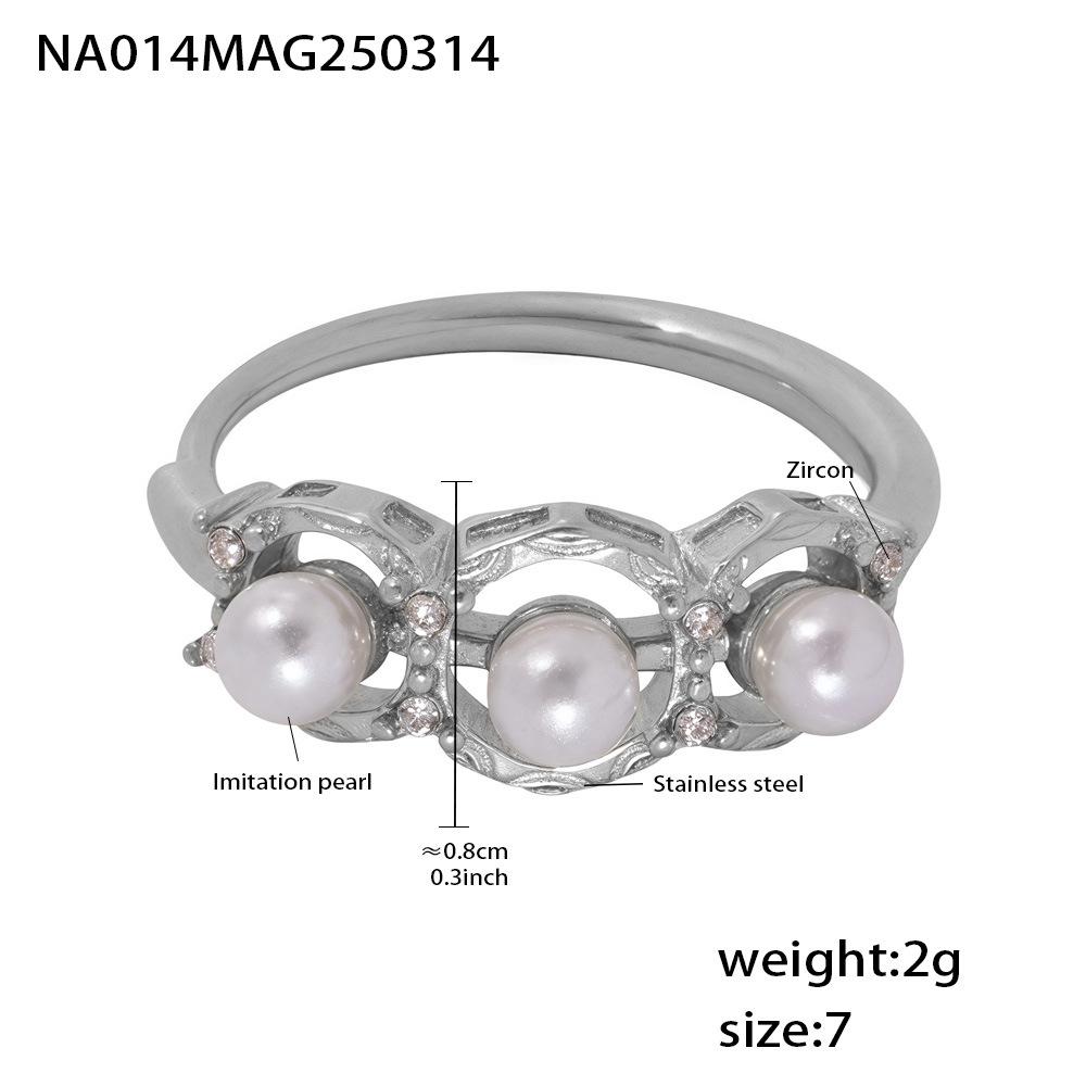Qiong Yao Stainless Steel Zircon Pearl Adjustable Ring