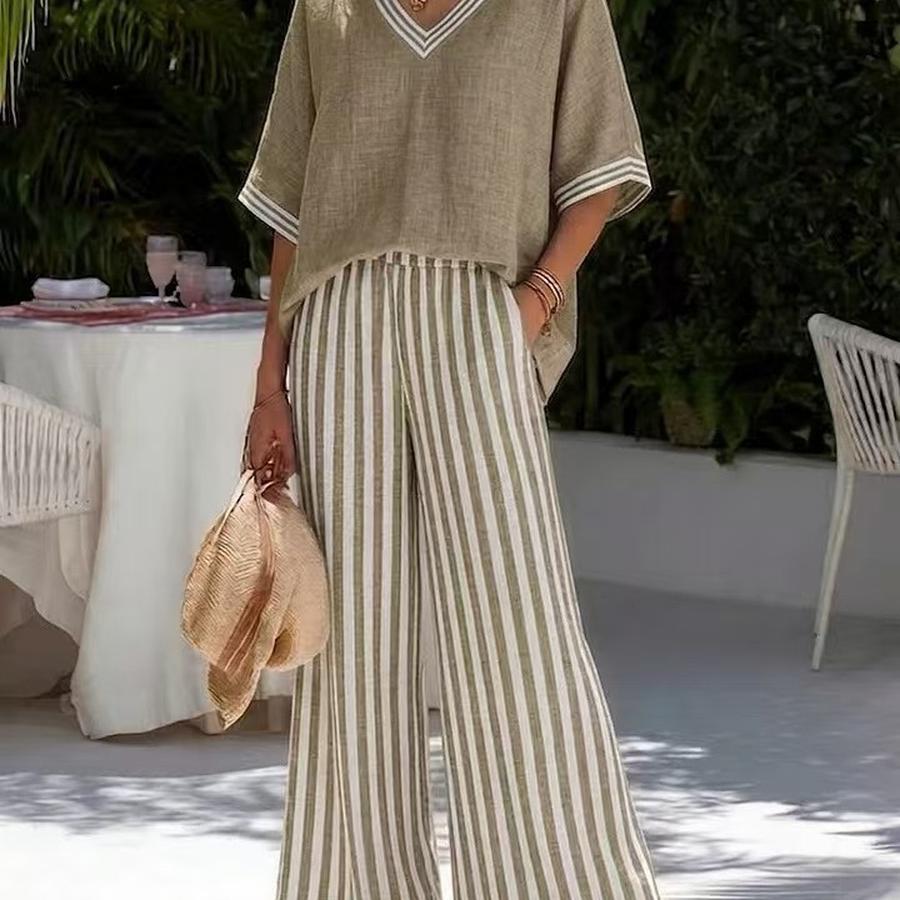 Gestreiftes Weitbein-Hosen-Set Damen Urlaubsstil Zweiteiliges Outfit Sommerurlaubsstil