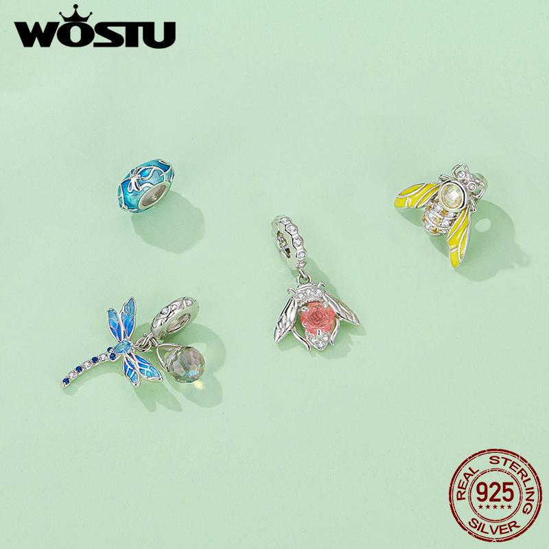 WOSTU 925 Sterling Silver Color Changeable Flower Pendant Charm Bee Hanging Beads for Women Bracelet & Bangle DIY Fine Jewelry