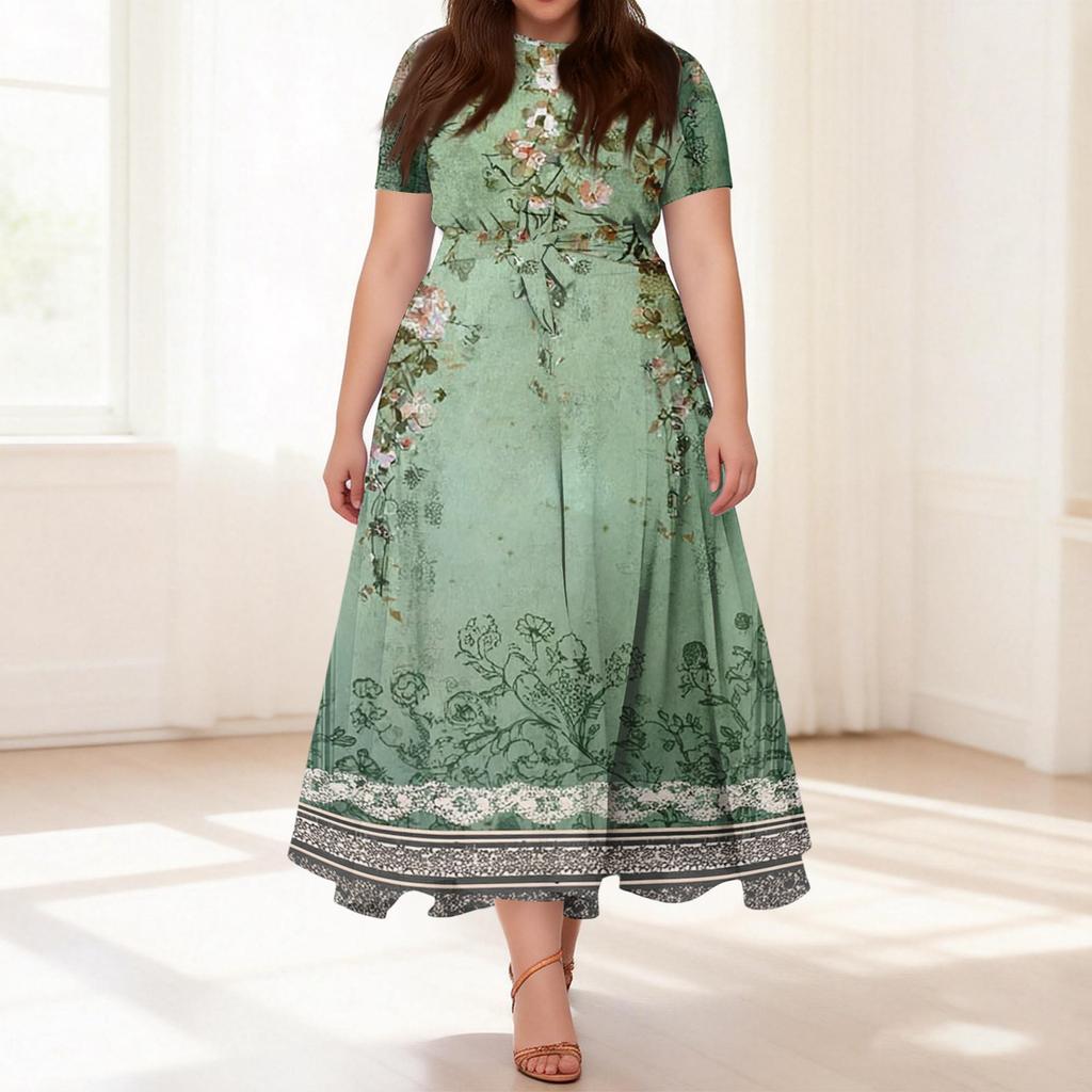 Abito Casual da Donna Taglie Forti Stampa Floreale Retro Girocollo Manica Corta Tasca Cintura Cravatta