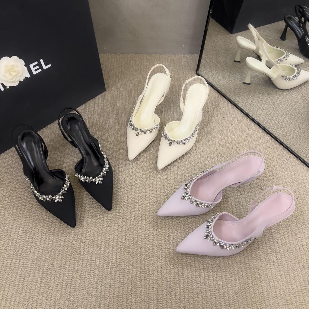 Korean version of Xiaoxiangfeng pointed head thin heel high heels spring and summer daily rhinestone bag head fairy sandals