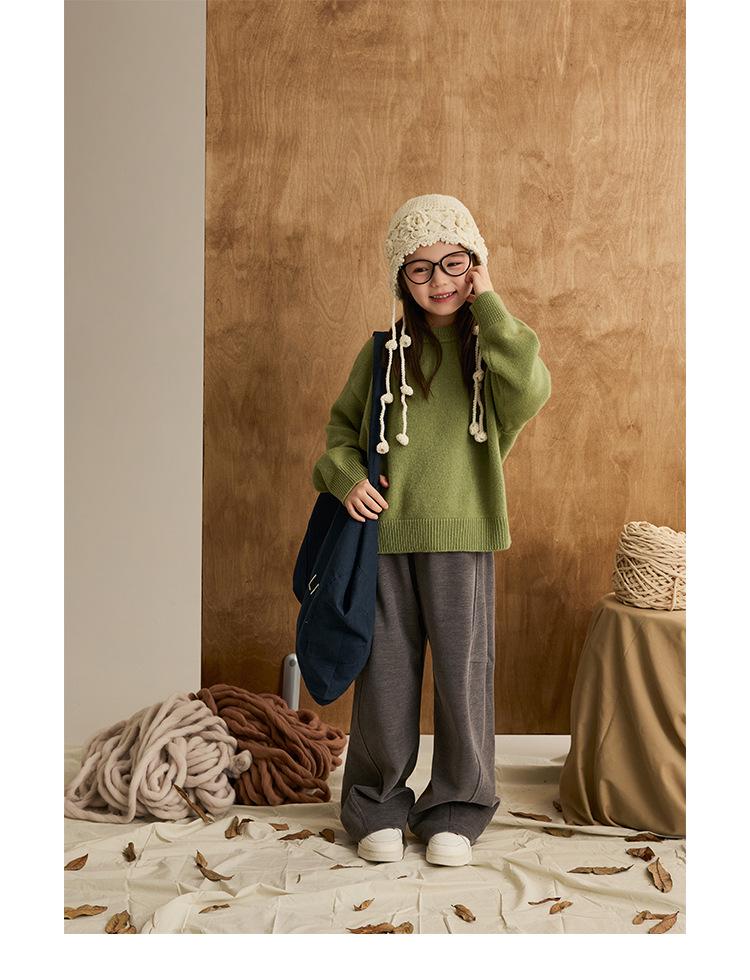 Children's Wool Ribbed Sweater - Round Neck, Cozy Autumn/Winter Base Layer for Girls