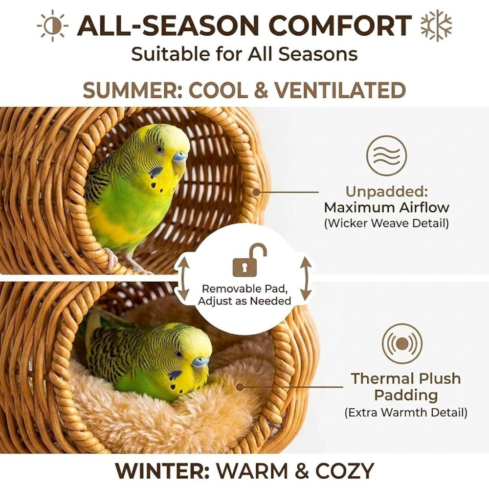 Rattan Bird Nest Chewproof Steel Frame Parakeet Nesting House for Cage, Small Bird Hammock Parrot Sleeping Bed with Soft Mat Suitable for Small Birds