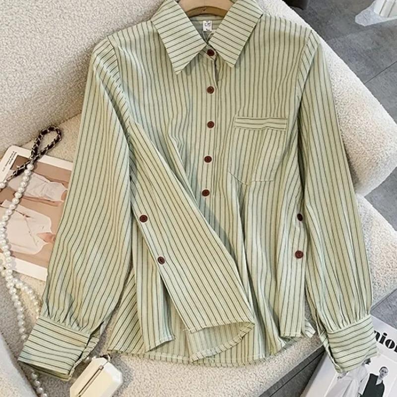 

Women s Light Green Striped Shirt Casual Button Down Collar Blouse with Chest Pocket L зелений