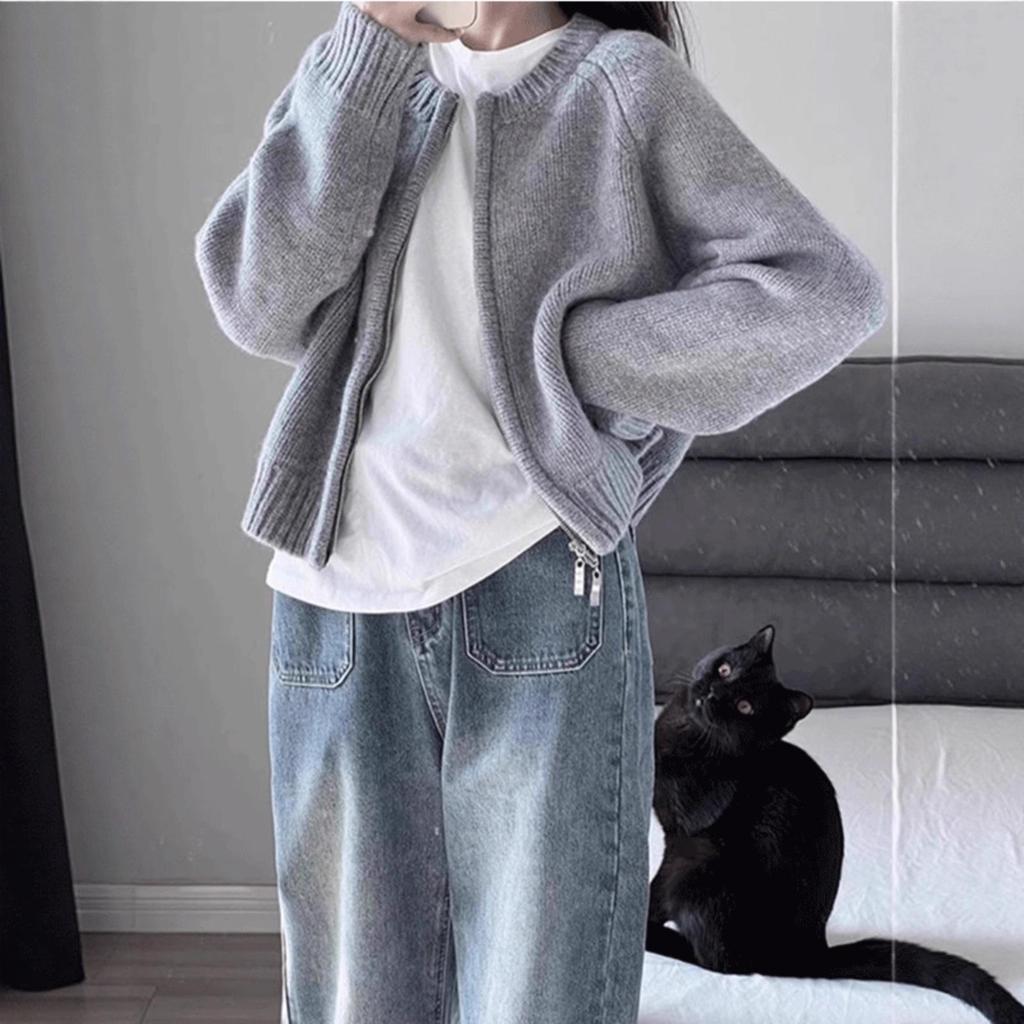 Blue Women's Knitted Cardigan Sweater Coat - Soft Retro National Tide Autumn Zip-Up Commuter Top