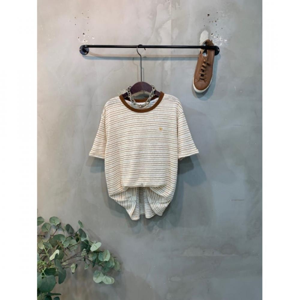 C S In The Room lInen STripe Embroidery ShorT Sleeve T ShirT 4 ColorS