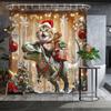 Christmas Cat Riding T-Rex Shower Curtain - Festive Polyester Bathroom Decor with Santa Hat, Snowflakes, and Holiday Lights
