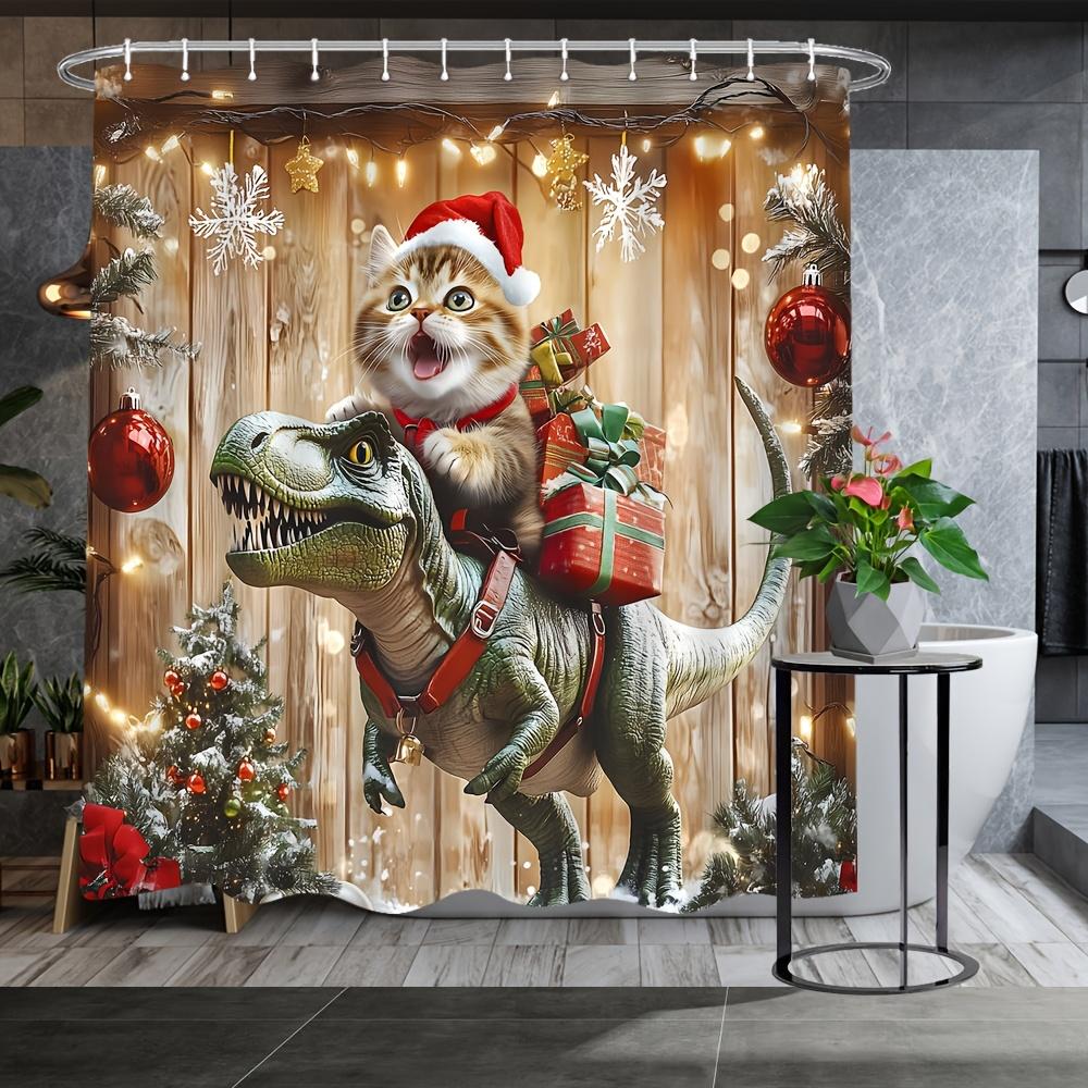 Christmas Cat Riding T-Rex Shower Curtain - Festive Polyester Bathroom Decor with Santa Hat, Snowflakes, and Holiday Lights