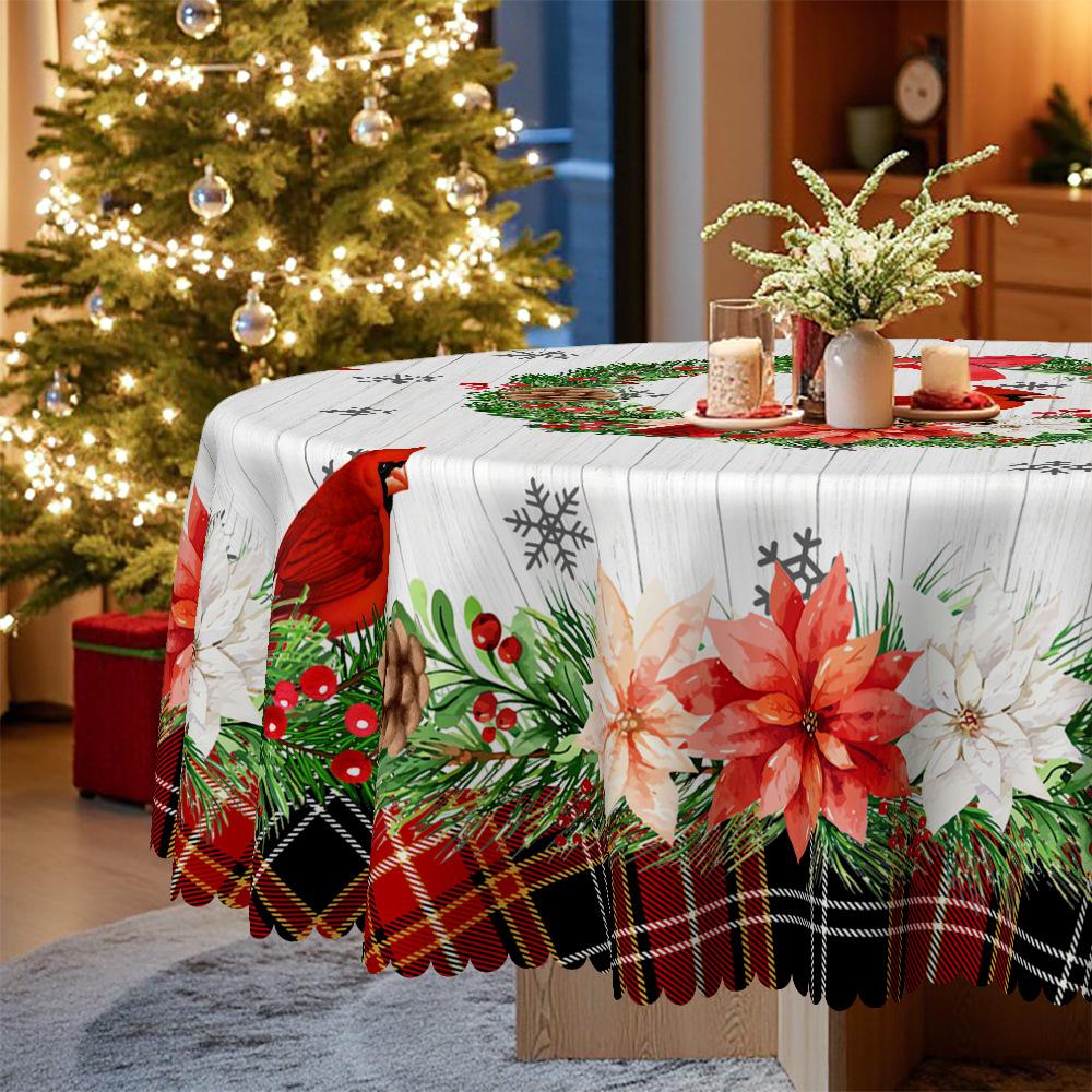 Christmas Rectangle/Round Tablecloth, Country Cardinal Wreath Waterproof Tablecloth, Warm Winter Festival Table Decorative Cloth