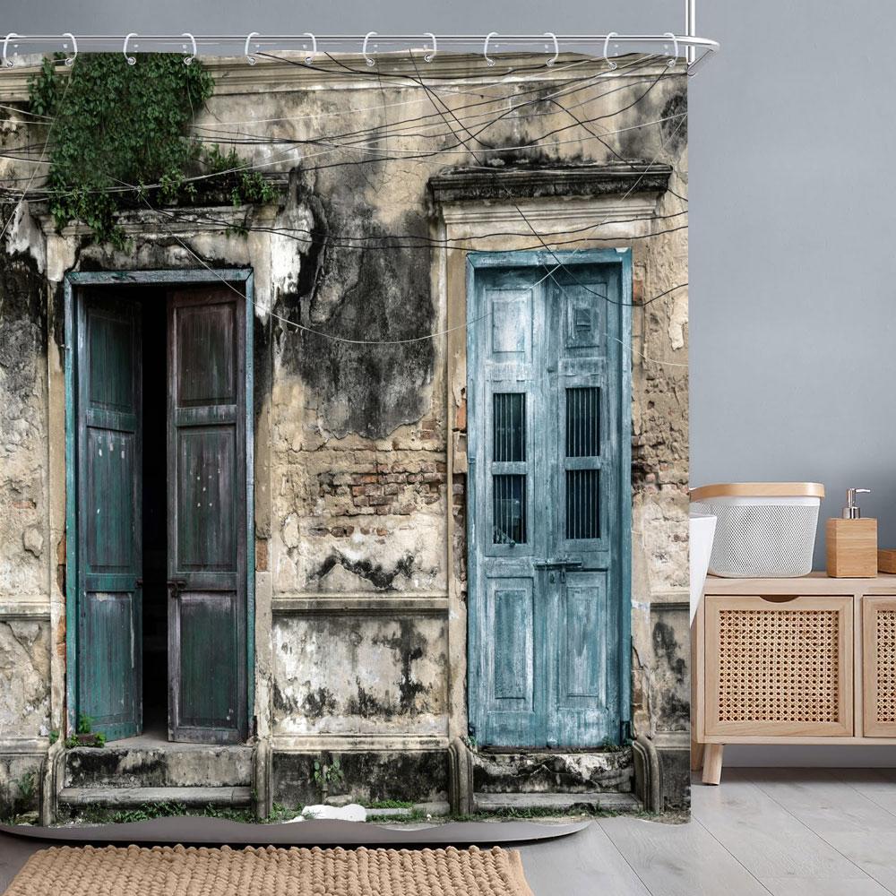 Retro Rustikale Holztüren Duschvorhänge Vintage Bauernhaus Scheune Alte Tür Heimdeko Wasserdichtes Polyester Badezimmer Vorhang Set