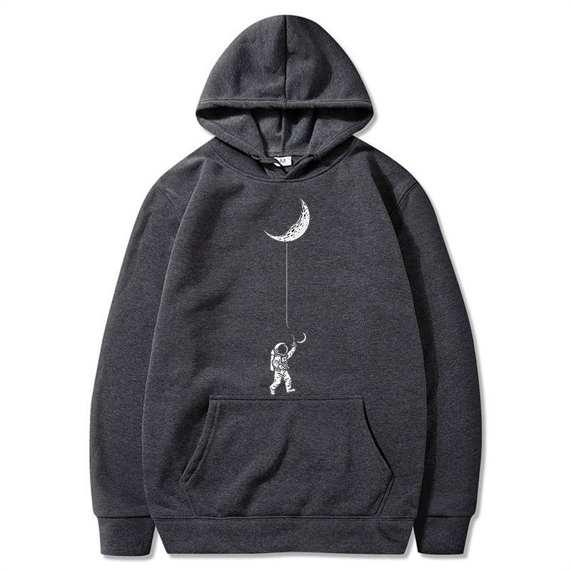 Men's Astronaut Moon Graphic Hoodie - Black Casual Pullover Sweatshirt with Space Theme Print essentials hoodies mens hoodies