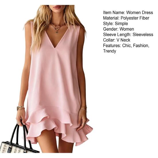 Summer Dress for Women Casual V Neck Sleeveless Mini Beach Sundress Casual Vacation Ruffle Tank Dress
