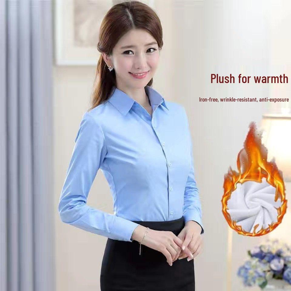 Women's Korean-Style Thickened Velvet Black and White Slimming Long-Sleeve Shirt - Professional Workwear Base Layer