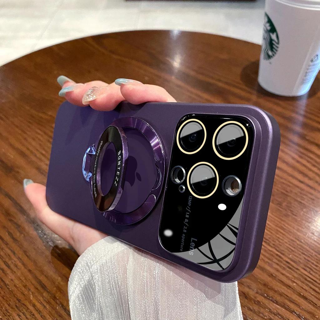 Slim Matte PC Bracket Case For iPhone 15 14 13 12 11 Pro Max 14 Plus For Magsafe Stand Holder Glass Lens Protector Luxury Cover