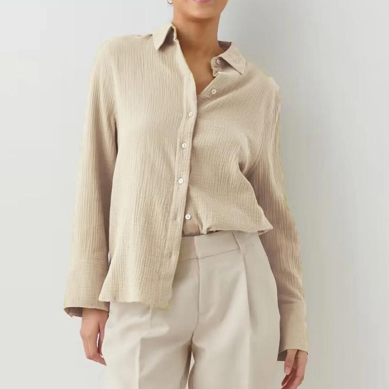 Women's Spring Summer Shirts Office Lady Fashionable Solid Lady Long Sleeve Loose Tops Crepe Shirts