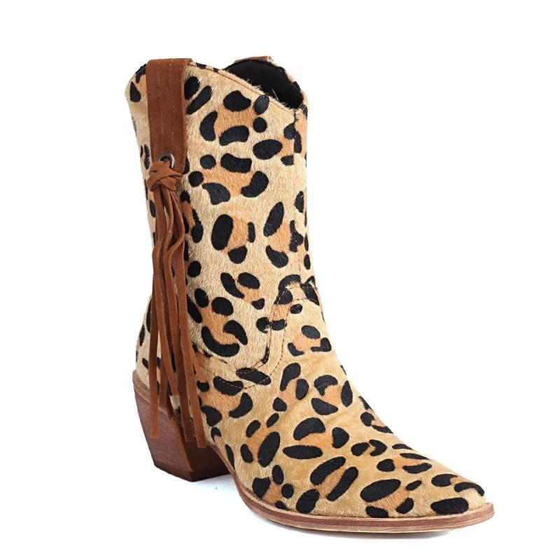 Women's Vintage Pointy Toe Horsehair Cowboy Boots Retro Leopard Block Heel Shoes