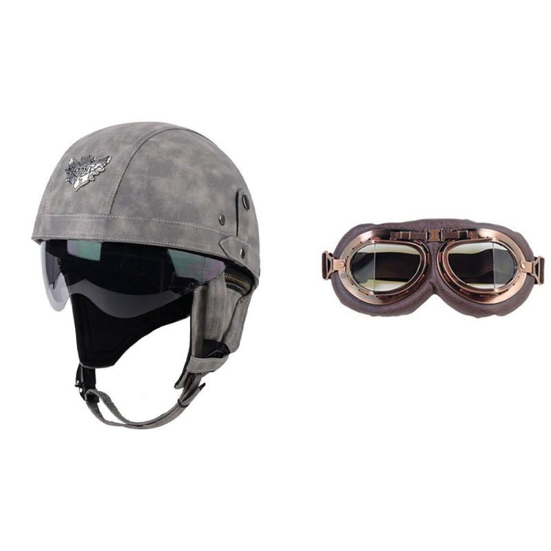 Retro Open Face Motorcycle Helmet Leather Cruiser Scooter Adult