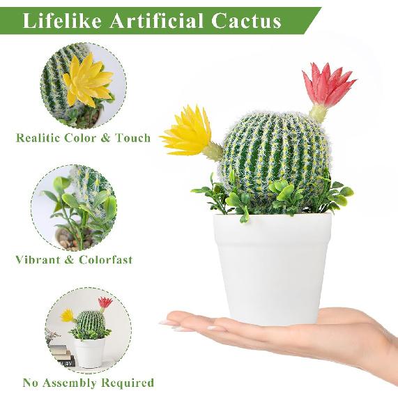 7.7 Inch Mini Artificial Cactus - Faux Cactus Flowering Cactus, Fake Succulent Plant Decor for Home Office
