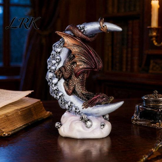 Fade Resistant Resin Ornament Dragon Skull Moon Figurine, Gothic Style Sculpture for Unique Dark Fantasy Gift Home Desktop Party Decor, Halloween