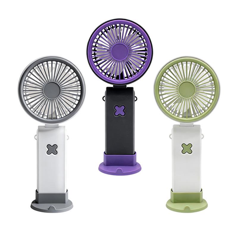USB Rechargeable Cartoon Handheld Desktop Fan with Phone Holder & Silent High-Power Wind