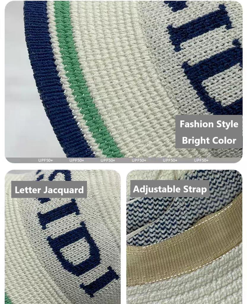 Spring Summer Panama Hat Women Hollow Knitted Hat Bucket Hat Outdoor Sun Visor Beach Hat Letter Jacquard Breathable Travel Cap