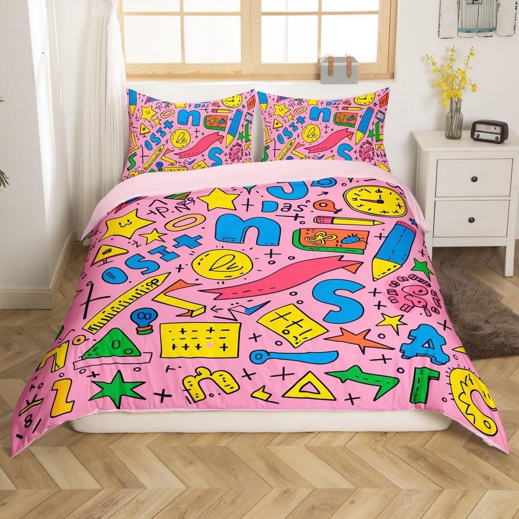 Cartoon Graffiti Bedding Set Back To School Duvet Cover For Kids Boys Girls BedroomMath Geometric Symbol Comforter Cover Twin