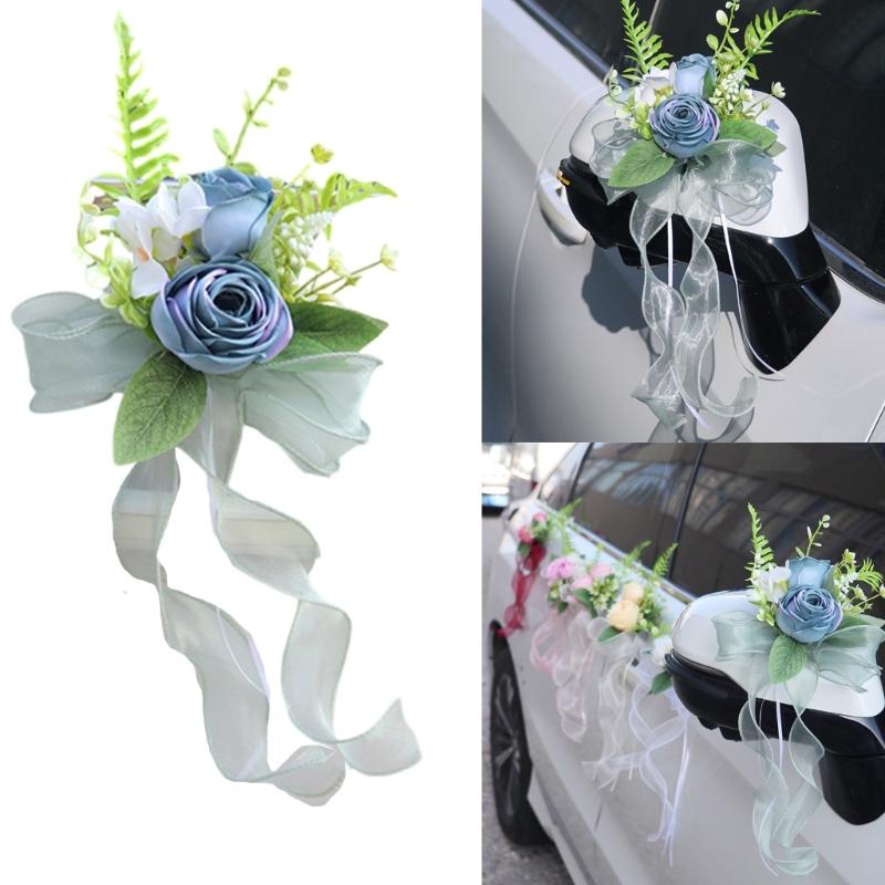 Elegant Blue Bridal Car Mirror Plant Ornament Synthetic Cloth Arrangement For Outdoor Wedding Event