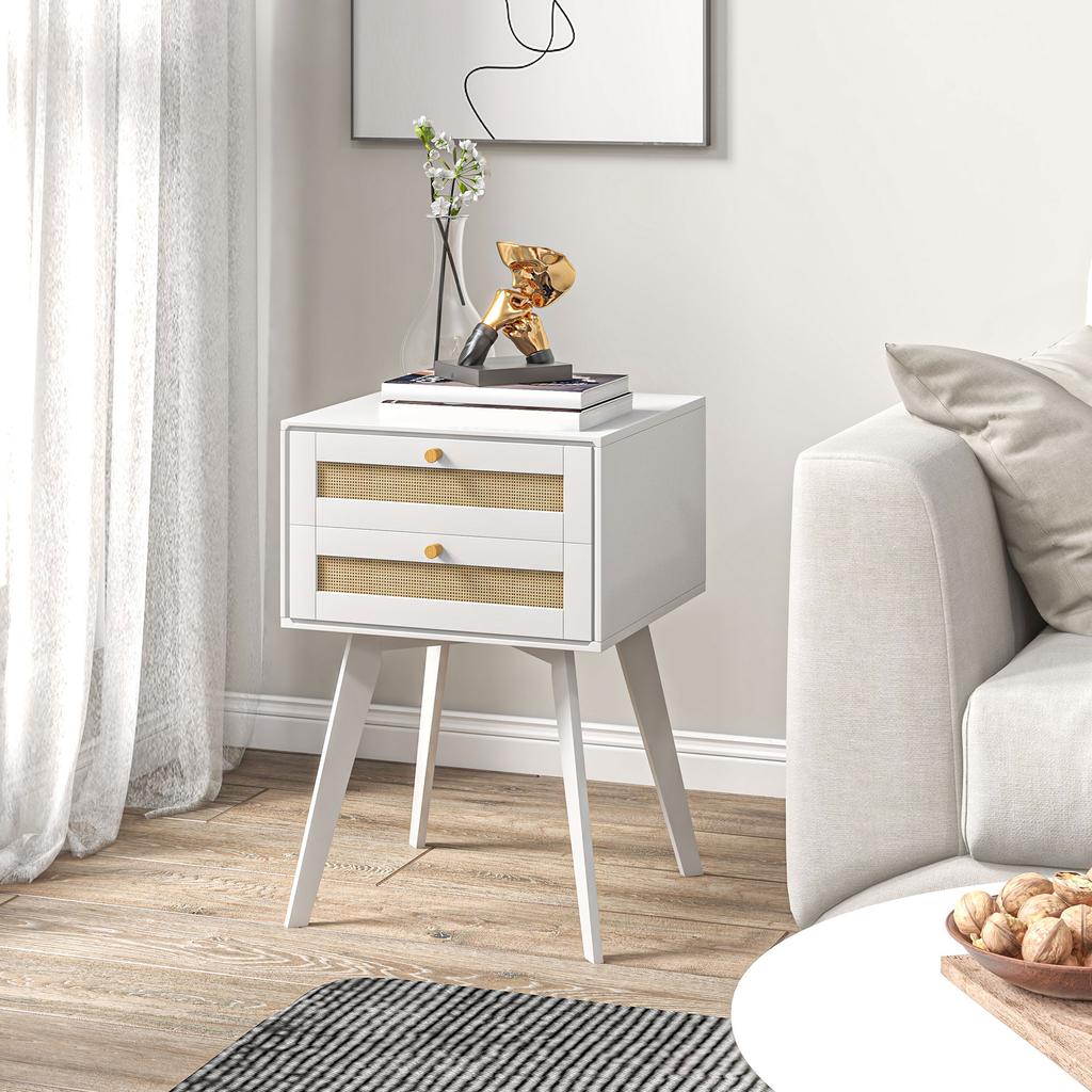 White Bedside Table Nightstand with 2 Drawers Cannage Style Small Side Table 40x40x60 cm