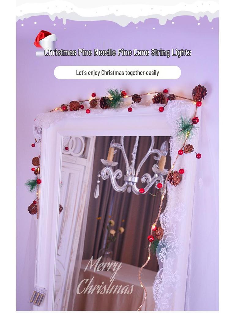 Christmas Pine Cone LED String Lights: Festive Holiday Rattan Bells for Yard & Hanging Decor.